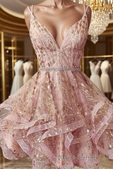 Shiny A Line V Neck Short Champagne Lace Formal Prom Dresses, Short Champagne Lace Formal Homecoming Dresses