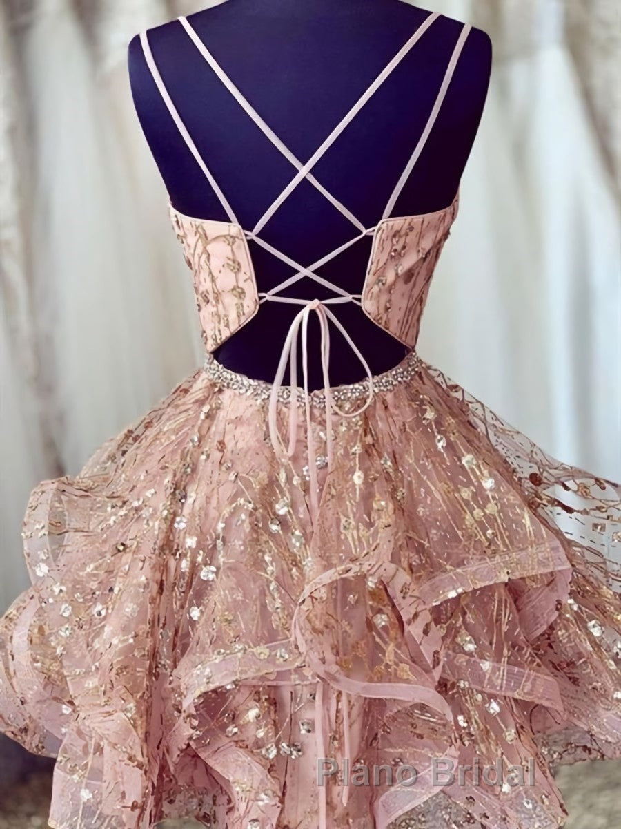 Shiny A Line V Neck Short Champagne Lace Formal Prom Dresses, Short Champagne Lace Formal Homecoming Dresses Secondary image