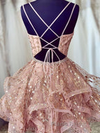 Shiny A Line V Neck Short Champagne Lace Formal Prom Dresses, Short Champagne Lace Formal Homecoming Dresses