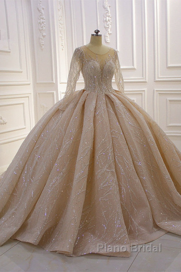 Shiny Ball Gown Tulle Jewel Long Sleevess Ruffless Wedding Dress Secondary image