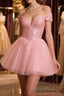 Shiny Beadings Off the Shoulder Pink Short Homecoming Formal Prom Dress, Off Shoulder Pink Beaded Formal Graduation Evening Dress