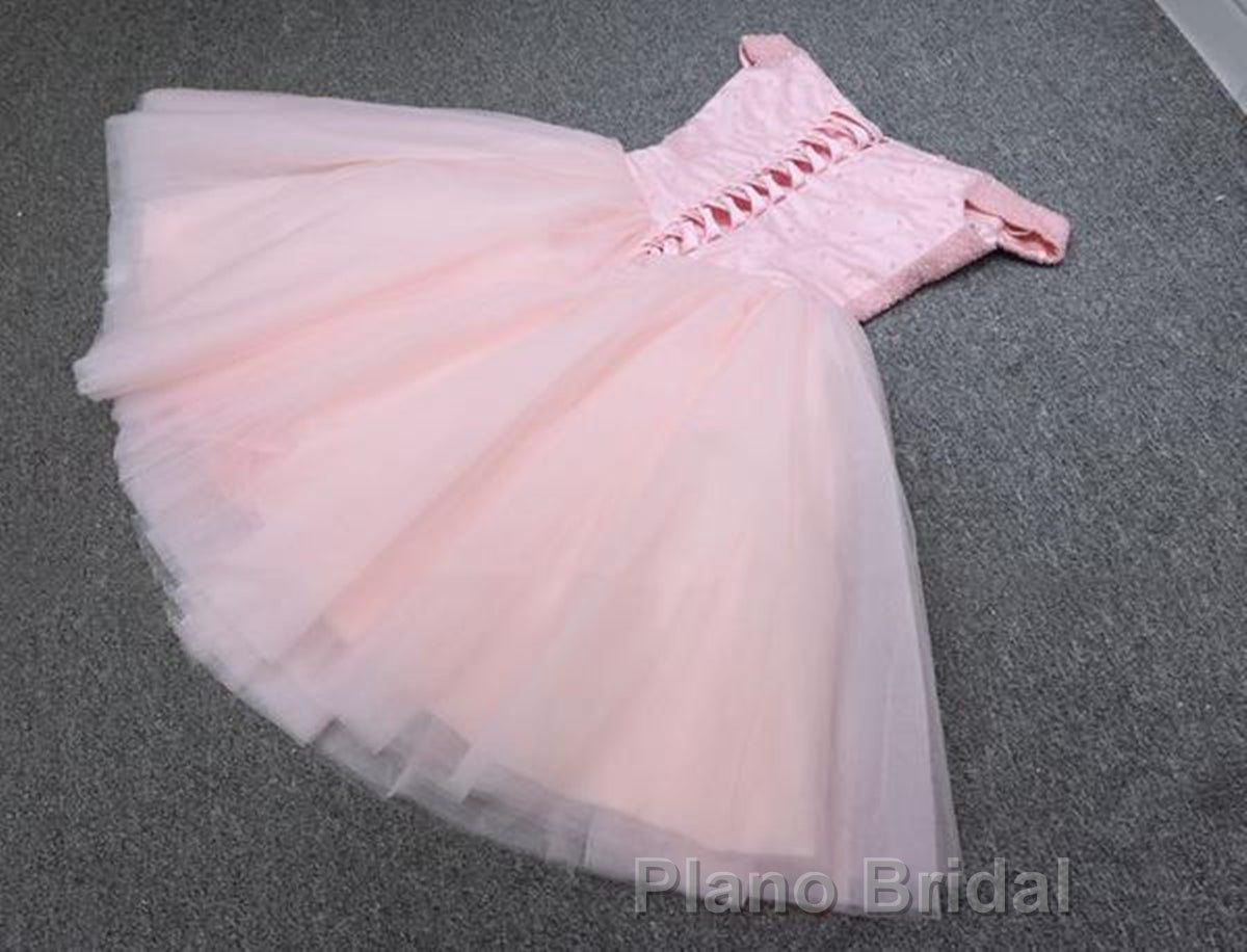 Shiny Beadings Off the Shoulder Pink Short Homecoming Formal Prom Dress, Off Shoulder Pink Beaded Formal Graduation Evening Dress Secondary image