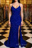 Shiny Blue Sequins Mermaid Backless Long Formal Prom Dress with High Slit, Mermaid Blue Formal Dress, Blue Evening Dress