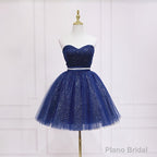 Shiny Blue Tulle Sweetheart Homecoming Dress Party Dress, Navy Blue Short Prom Dress