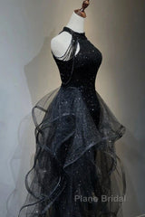 Shiny Halter Sequin Tulle Layered Long Formal Prom Dresses Black Evening Dresses Wedding Dresses