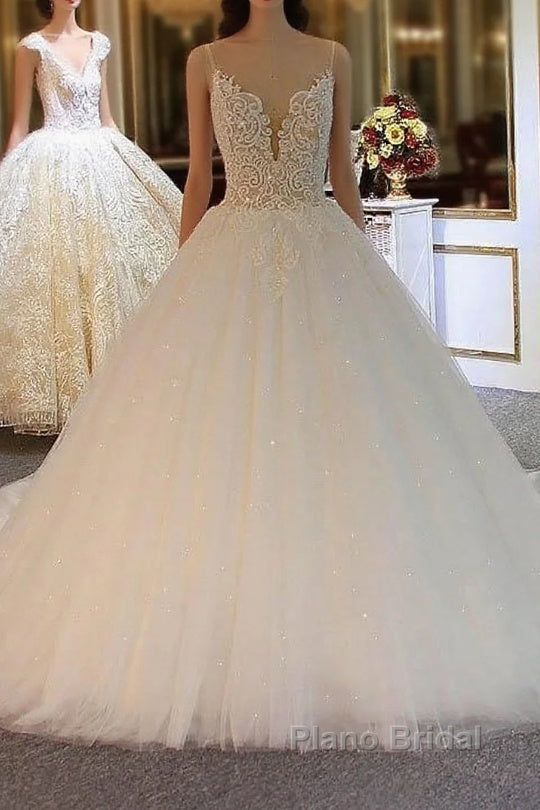 Shiny Long Ball Gown Sweetheart Spaghetti Strap Lace Tulle Wedding Dresses