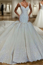 Shiny Mermaid Beading Lace Straps Applique Wedding Dresses