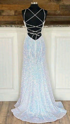 Shiny Mermaid Sequins Long White Formal Prom Dresses V Neck Sleeveless Formal Dresses