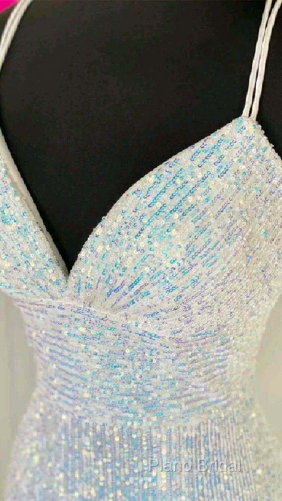 Shiny Mermaid Sequins Long White Formal Prom Dresses V Neck Sleeveless Formal Dresses