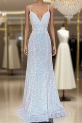 Shiny Mermaid Sequins Long White Formal Prom Dresses V Neck Sleeveless Formal Dresses