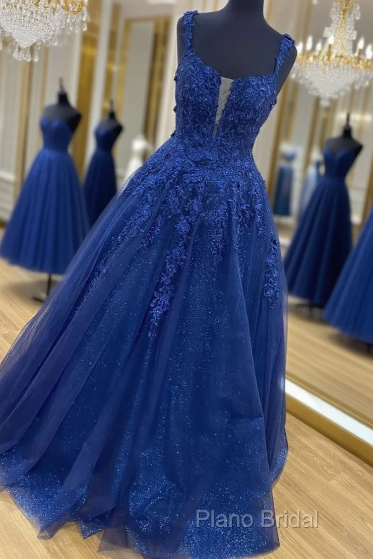 Shiny Navy Blue Lace Formal Prom Dresses, Navy Blue Lace Formal Graduation Dresses
