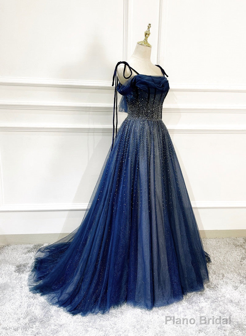 Shiny Navy Blue Tulle Straps Long Prom Dresses Party Dresses, A-line Beaded Prom Dresses Main image