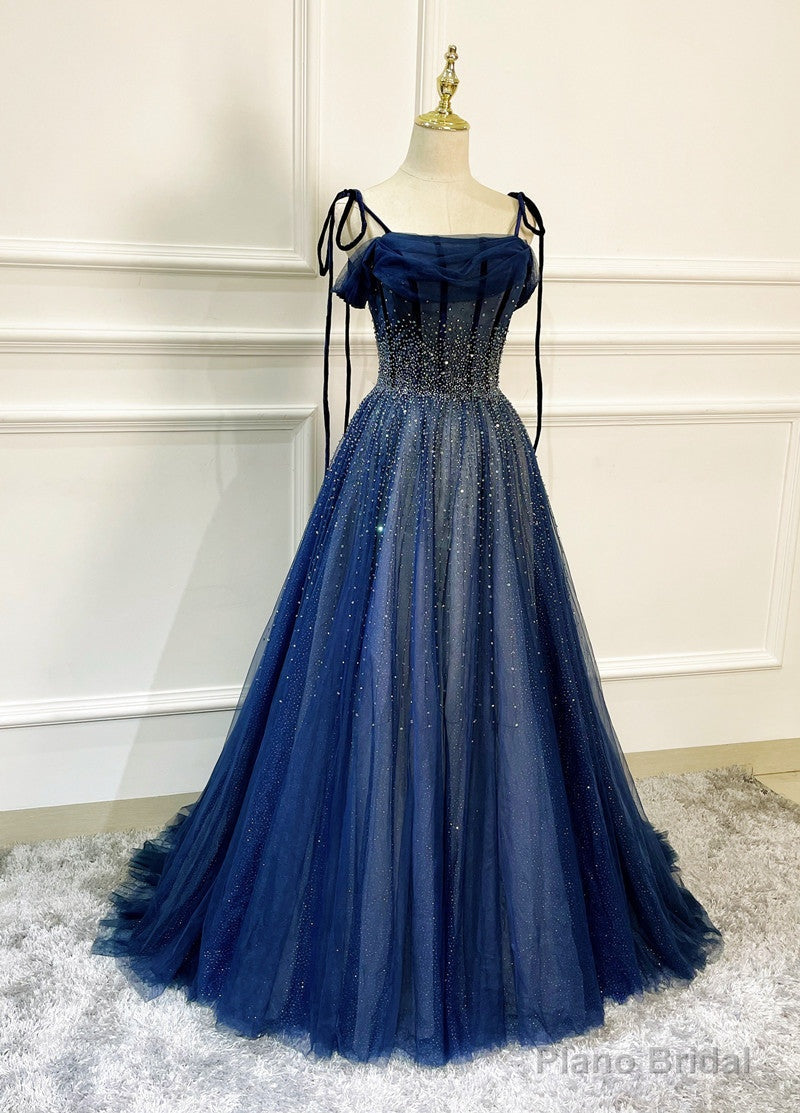 Shiny Navy Blue Tulle Straps Long Prom Dresses Party Dresses, A-line Beaded Prom Dresses Secondary image