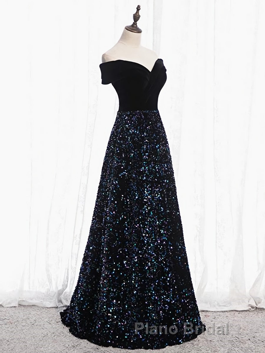 Shiny Off the Shoulder Black Formal Prom Dresses with Corset Back, Shiny Black Long Formal Evening Dresses Secondary image