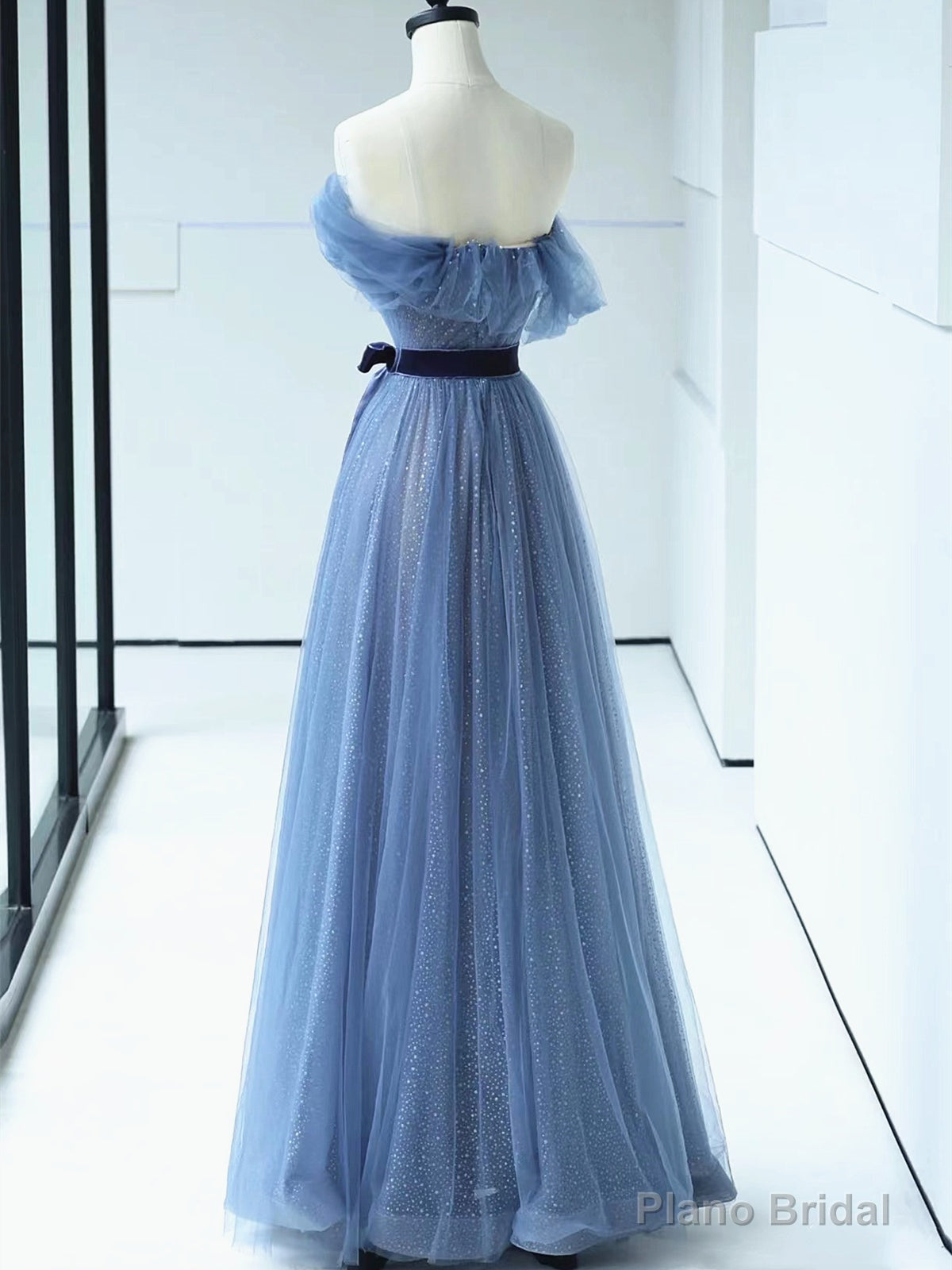 Shiny Off the Shoulder Blue Tulle Prom Dresses, Blue Long Formal Evening Dresses Secondary image