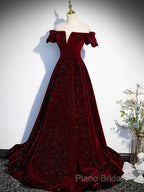 Shiny Off The Shoulder Burgundy Long Formal Prom Dresses