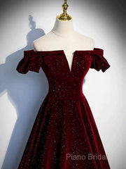 Shiny Off The Shoulder Burgundy Long Formal Prom Dresses