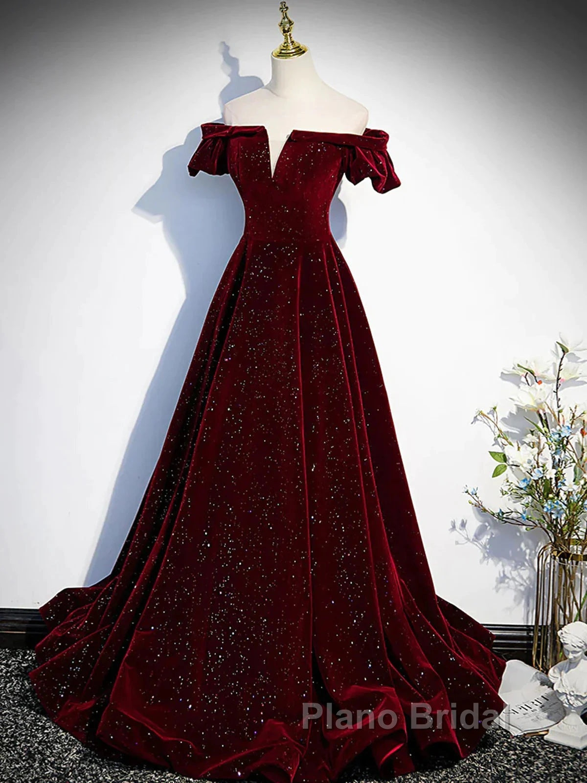 Shiny Off The Shoulder Burgundy Long Formal Prom Dresses, Wine Red Long Formal Evening Dresses Secondary image