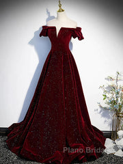 Shiny Off The Shoulder Burgundy Long Formal Prom Dresses, Wine Red Long Formal Evening Dresses