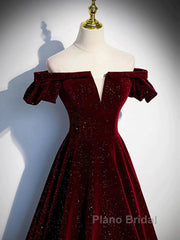 Shiny Off The Shoulder Burgundy Long Formal Prom Dresses, Wine Red Long Formal Evening Dresses
