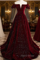 Shiny Off The Shoulder Burgundy Long Formal Prom Dresses