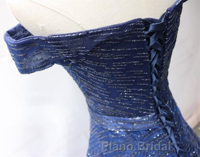 Shiny Off the Shoulder Navy Blue Long Formal Prom Dresses, Off Shoulder Blue Formal Evening Dresses Secondary image