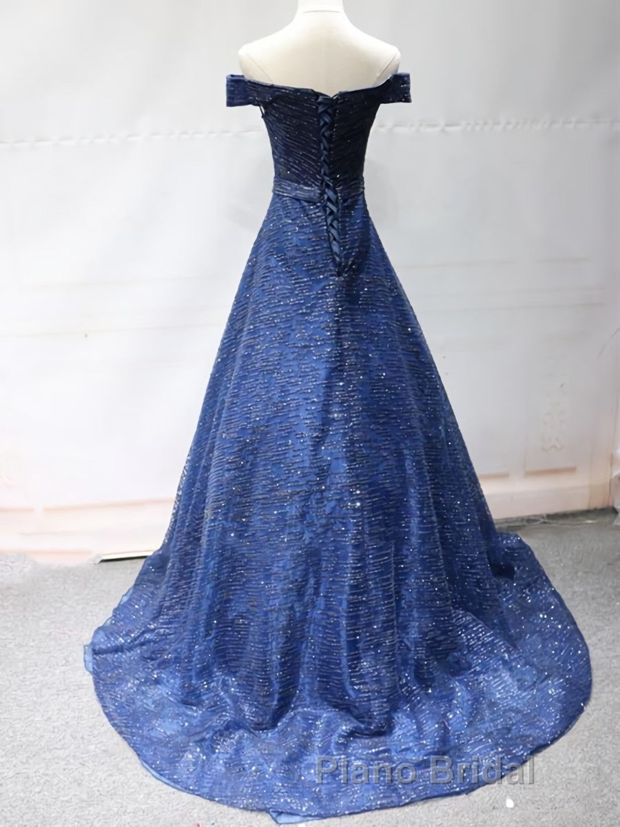 Shiny Off the Shoulder Navy Blue Long Formal Prom Dresses, Off Shoulder Blue Formal Evening Dresses