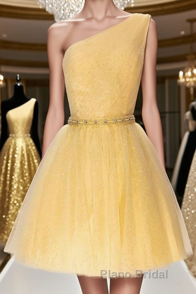 Shiny One Shoulder Yellow Short Formal Prom Homecoming Dress with Belt, Short One Shoulder Yellow Formal Evening Dress