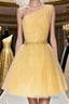 Shiny One Shoulder Yellow Short Formal Prom Homecoming Dress with Belt, Short One Shoulder Yellow Formal Evening Dress