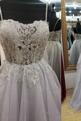 Shiny Open Back Gray Lace Long Formal Prom Dresses, Gray Lace Formal Dresses, Long Grey Evening Dresses