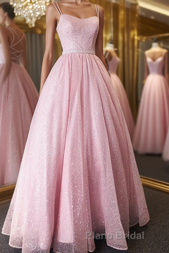 Shiny Pink Backless Long Formal Prom Dresses, Pink Open Back Long Formal Evening Dresses Main image
