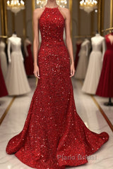 Shiny Sequins Backless Mermaid Red Long Formal Prom Dresses, Mermaid Red Formal Dresses, Backless Red Evening Dresses