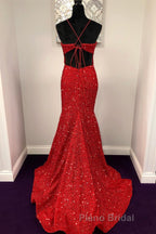 Shiny Sequins Backless Mermaid Red Long Formal Prom Dresses, Mermaid Red Formal Dresses, Backless Red Evening Dresses