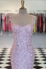 Shiny Sequins Mermaid Pink Long Formal Prom Dress, Sweetheart Neck Pink Formal Dress, Mermaid Pink Evening Dress