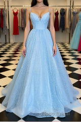 Shiny Sequins V Neck Blue Long Formal Prom Dress, Sparkly Blue Formal Graduation Evening Dress