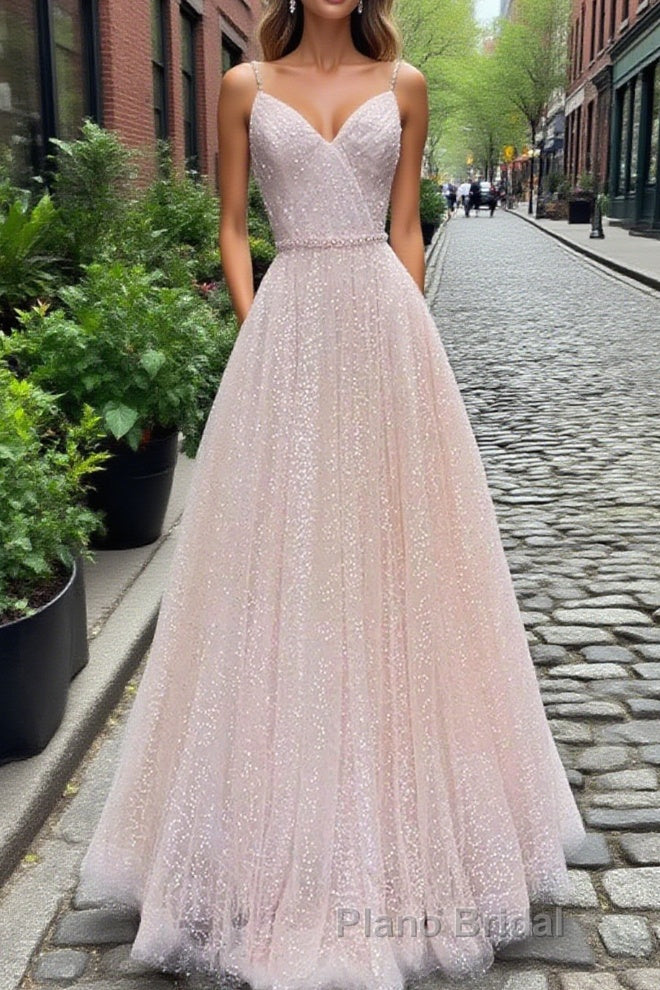 Shiny Sequins V Neck Pink Long Formal Prom Dress, V Neck Pink Formal Graduation Evening Dress Main image