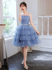 Shiny Short Puffy Blue Formal Prom Dresses A-Line Puffy Homecoming Dresses