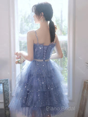 Shiny Short Puffy Blue Formal Prom Dresses A-Line Puffy Homecoming Dresses