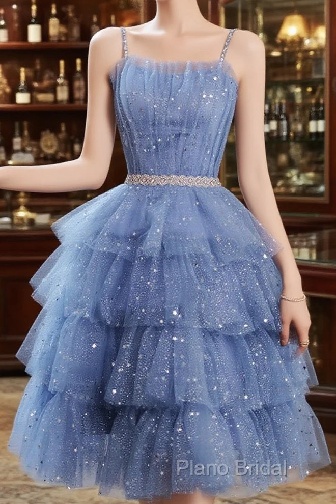 Shiny Short Puffy Blue Formal Prom Dresses A-Line Puffy Homecoming Dresses Main image