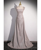 Shiny Silver Simple Long Pleats Prom Dress with Off Shoulder Straps