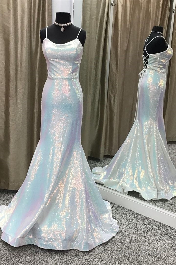 Shiny Spaghetti Straps Mermaid Sequin Long Prom Dresses Main image