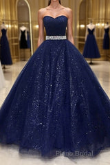 Shiny Strapless Dark Blue Long Formal Prom Dresses, Dark Blue Long Formal Evening Gown