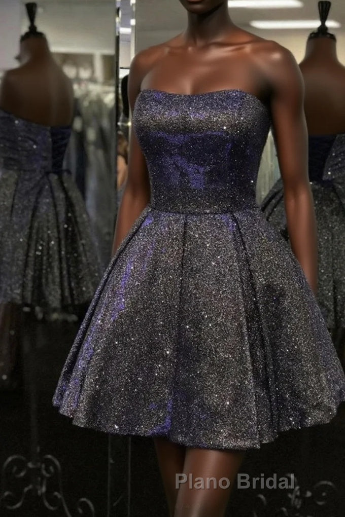 Shiny Strapless Open Back Short Black Formal Prom Dress, Open Back Black Homecoming Dress, Black Formal Evening Dress Main image