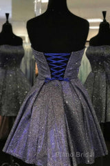 Shiny Strapless Open Back Short Black Formal Prom Dress, Open Back Black Homecoming Dress, Black Formal Evening Dress