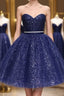 Shiny Strapless Sweetheart Neck Blue Short Formal Prom Homecoming Dress with Belt, Sparkly Blue Formal Evening Dress