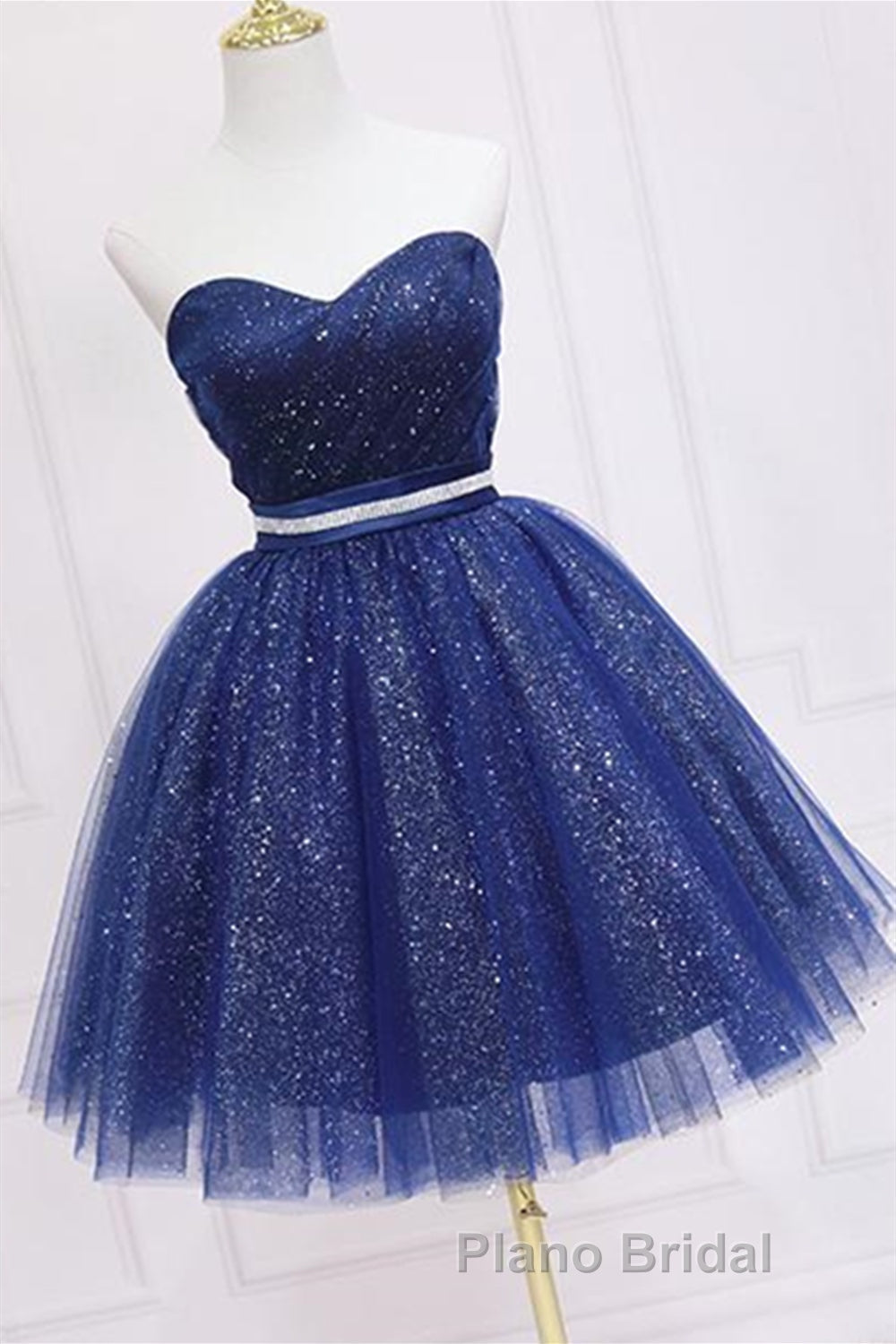 Shiny Strapless Sweetheart Neck Blue Short Formal Prom Homecoming Dress with Belt, Sparkly Blue Formal Evening Dress Secondary image