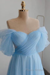 Shiny Tulle Off the Shoulder Tea Length Formal Prom Dress, Homecoming Dress, Off Shoulder Formal Graduation Evening Dress