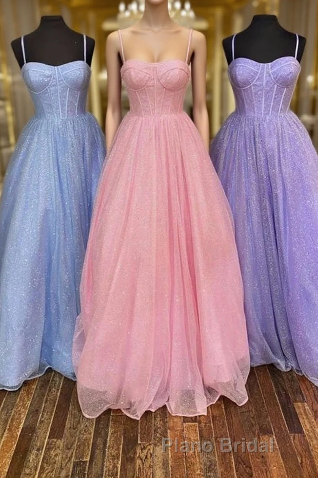 Shiny Tulle Open Back Long Formal Prom Dress, Long Tulle Formal Graduation Evening Dress Main image