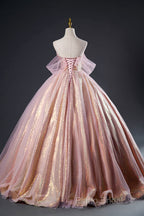 Shiny Tulle Sequins Long Formal Prom Dresses, Beautiful Pink Formal Dresses Sweet 16 Dresses