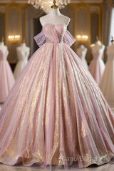 Shiny Tulle Sequins Long Formal Prom Dresses, Beautiful Pink Formal Dresses Sweet 16 Dresses